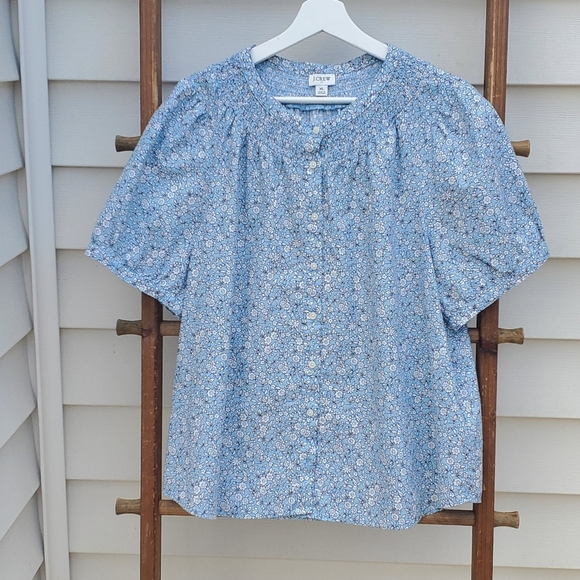J.Crew Factory Linen-Blend Puffy-Sleeve Button-Down Blue Floral Blouse Size XL - Picture 2 of 7